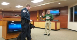 K-9 "Lex" being sworn into the Wisconsin Rapids Police Department by Chief of Police Kurt Heuer. (City Times Photo)